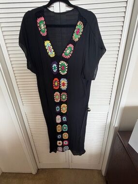 Black Crochet-Trim Caftan  swim cover up with Colorful Floral Squares